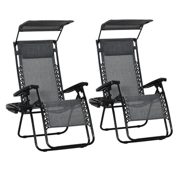 2 Piece Foldable Reclining Garden Chair with Headrest, Zero Gravity Deck Sun Lounger Seat Chair with Footrest, Armrest, Cup Holder & Canopy Shade, Light Grey