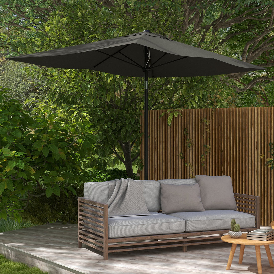 2 x 3(m) Garden Parasol Umbrella, Rectangular Outdoor Market Umbrella Sun Shade with Crank & Push Button Tilt, 6 Ribs, Aluminium Pole, Dark Grey