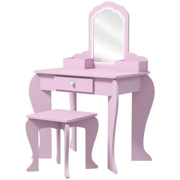 Kids Vanity Table with Mirror, Stool, Drawer, Storage Boxes, Cloud Design, for Ages 3-6 Years - Pink