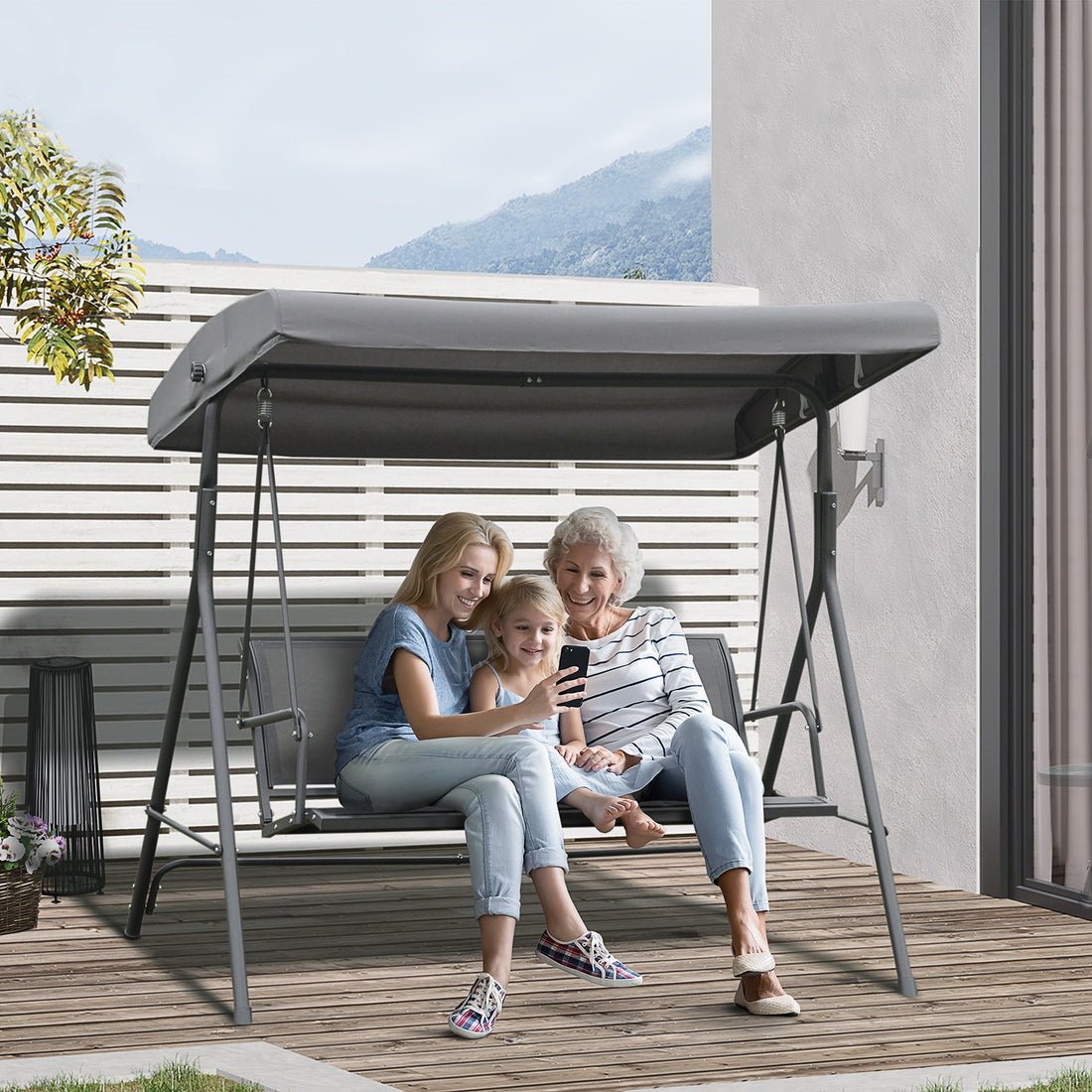 3 Seater Swing Chair, Garden Swing Bench with Canopy, Breathable Mesh Seat and Heavy Duty Steel Frame for Patio, Yard, Grey