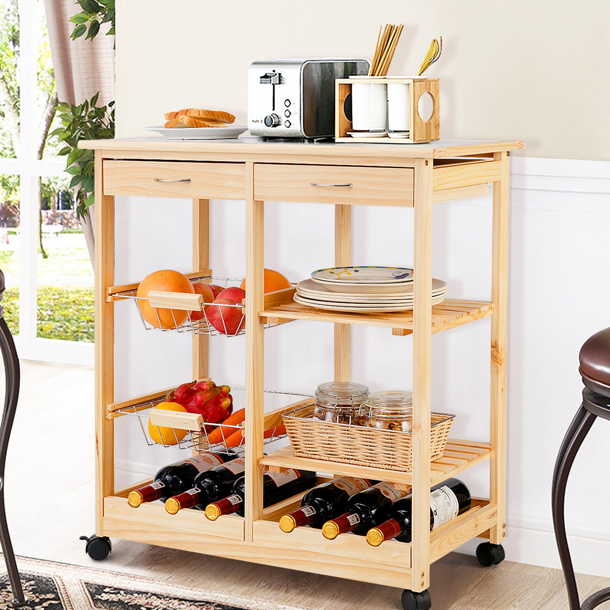 Wooden Rolling Kitchen Cart with Drawers Shelves Wire Baskets Wine Racks-Natural