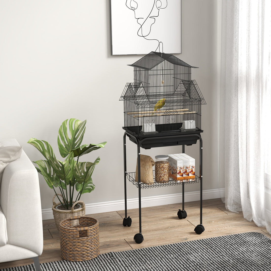 Metal Bird Cage with Plastic Swing, Perch, Food Container, Tray, Handle, for Finches, Canaries, Budgies, 43.5 x 33 x 121