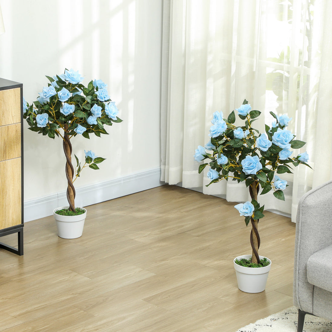 Set of 2 Artificial Plants White Rose Floral in Pot, Fake Plants for Home Indoor Outdoor Decor, 90cm, Light Blue