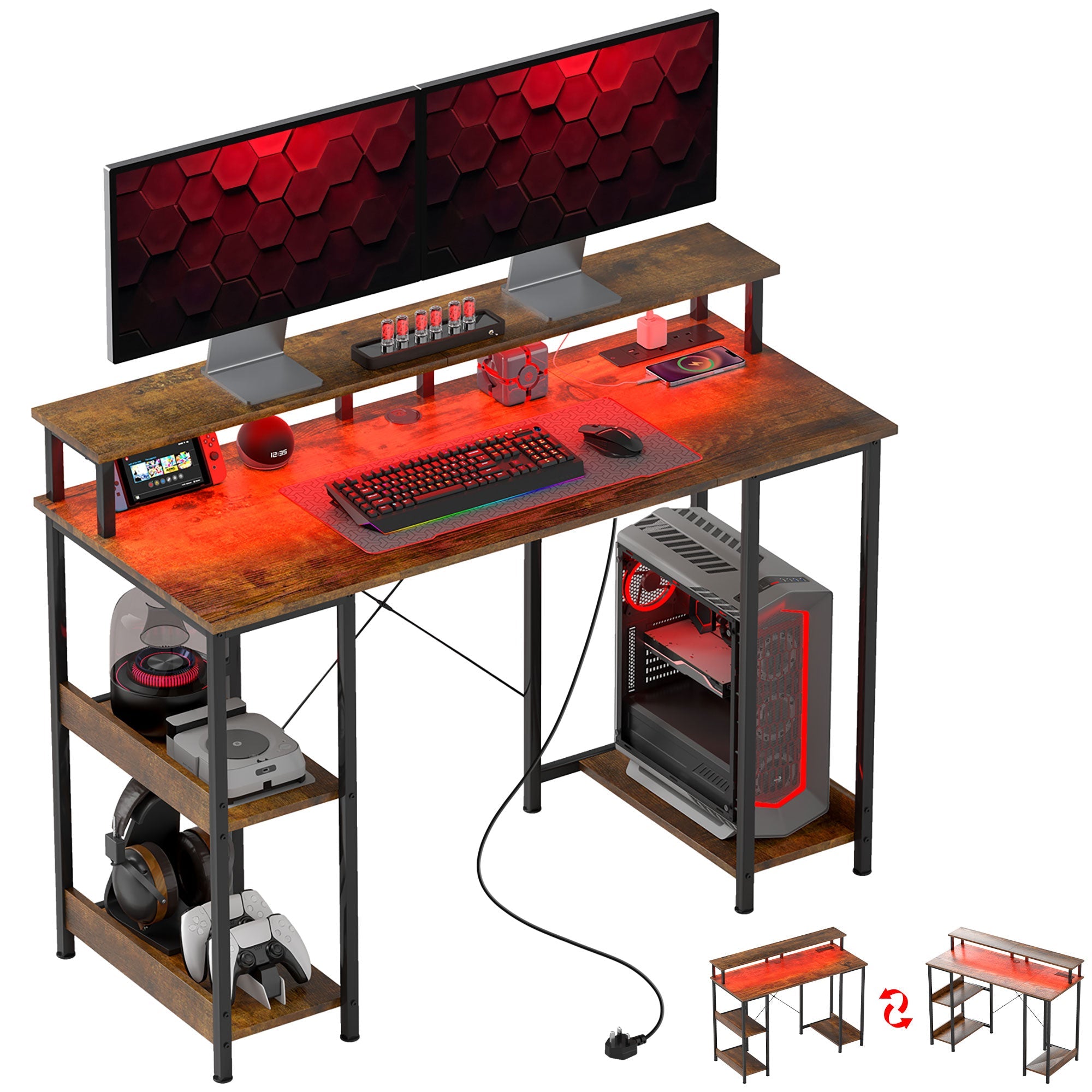 LED Computer Desk, with Power Outlets and Shelves - Rustic Brown