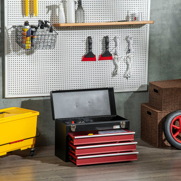 3 Drawer Tool Chest, Lockable Metal Tool Box with Ball Bearing Runners, Portable Toolbox, 510mm x 220mm x 320mm, Black