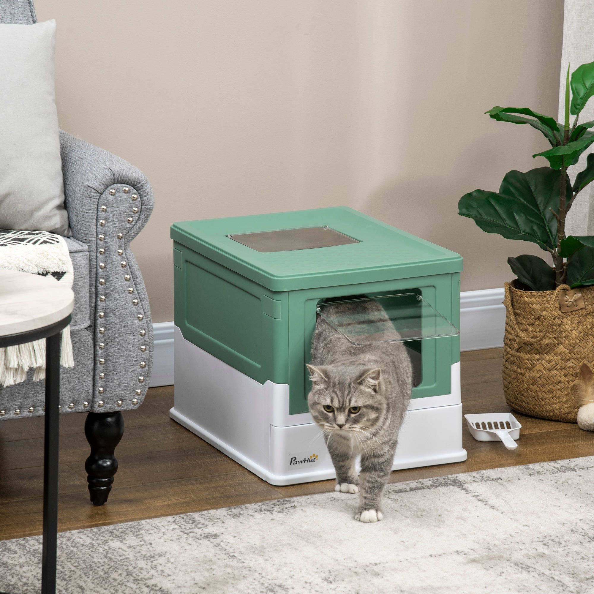 Hooded Cat Litter Box, Portable Pet Toilet, with Scoop, Front Entry - Green
