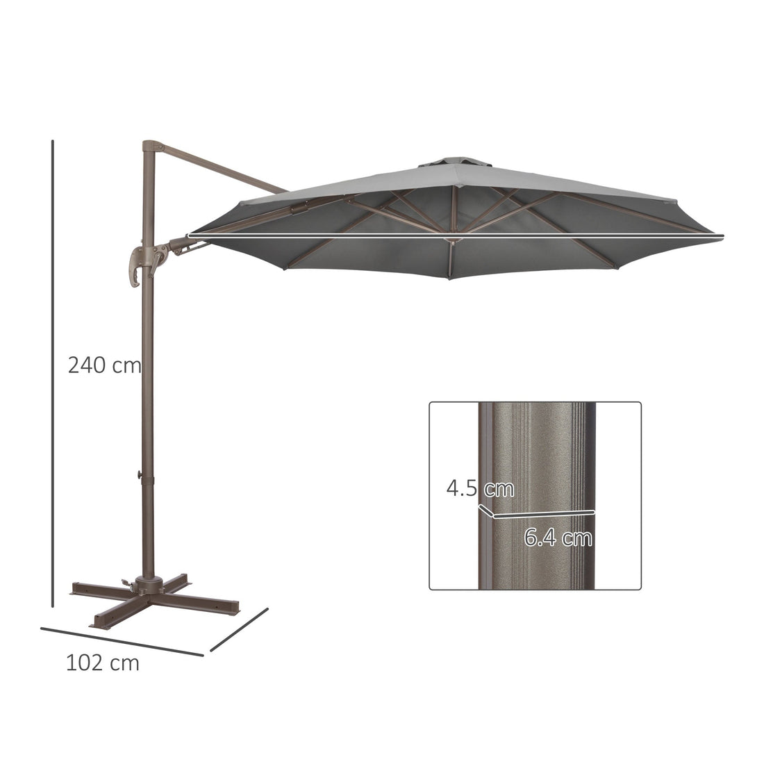 3(m) Cantilever Parasol 360° Rotation Roma Umbrella Hanging Sun Shade with Aluminium Frame, Tilt Crank, 8 Ribs and Cross Base, Dark Grey