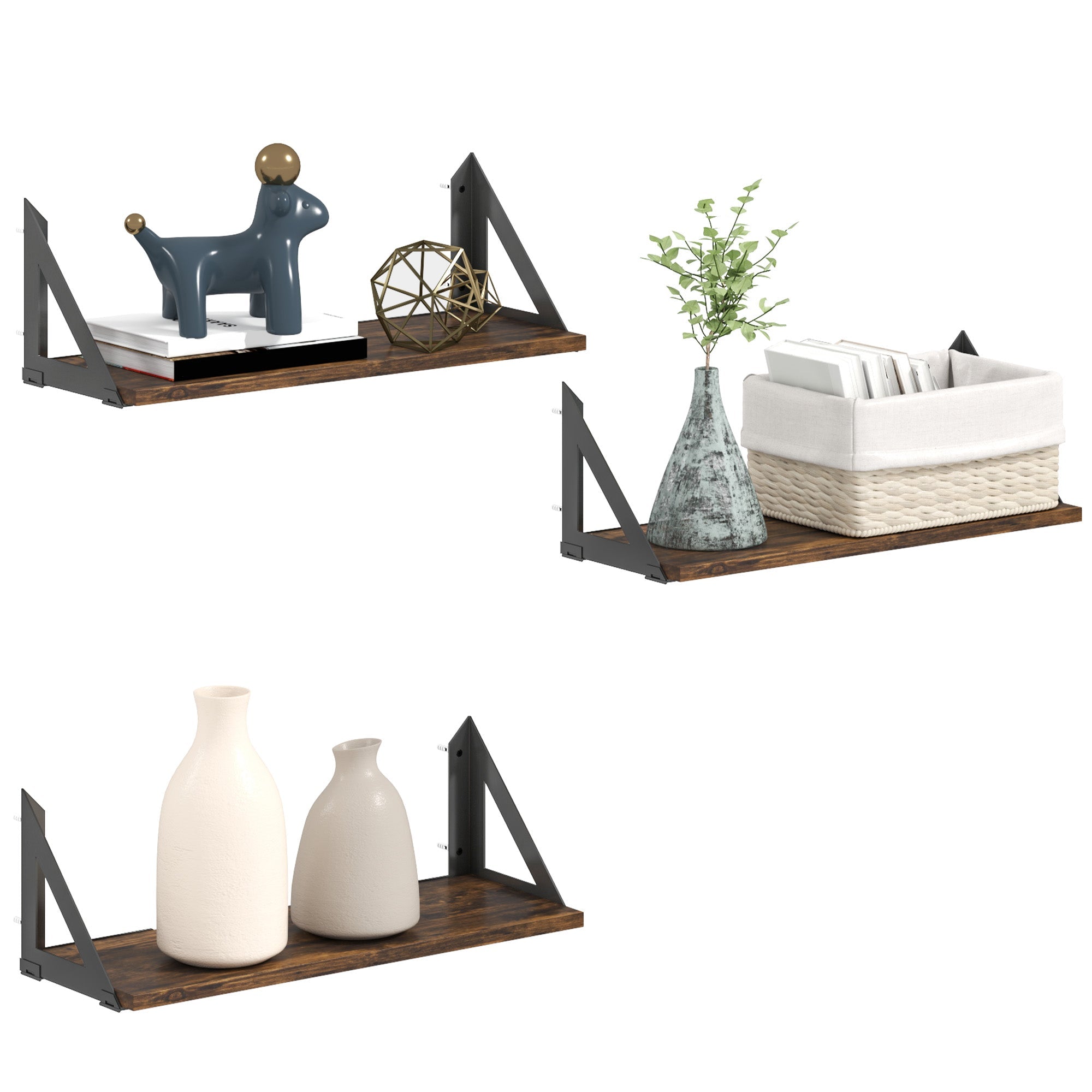 Set of 3 Wall Shelves, Vintage Wall Mounted Floating Shelves for Living Room, Entryway, Bedroom, Rustic Brown
