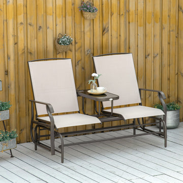 2 Seats Garden Glider Bench, Metal Frame Loveseat with Glass Top Centre Table, Porch Rocking Glider for 2 Person, for Deck, Patio, Brown/ Grey