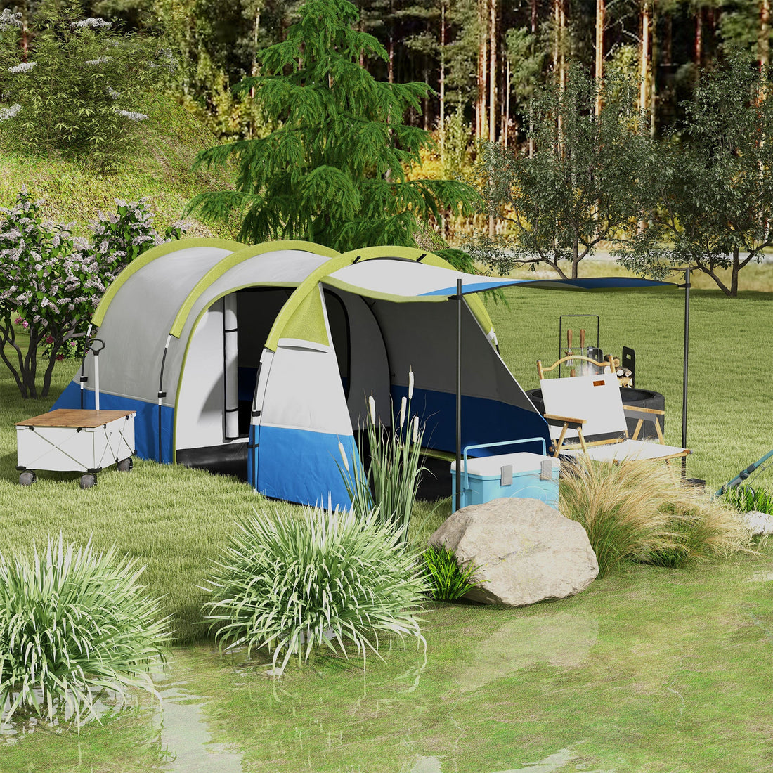 Three Man Two-Room Tent, with Porch and Accessories - Green