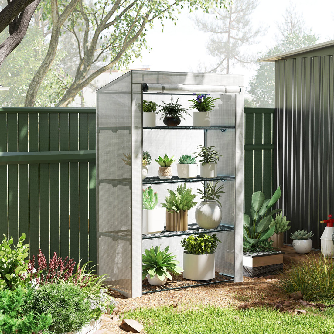4 Tier Lean-to Mini Greenhouse with Reinforced PE Cover, Portable Small Greenhouse with Roll-Up Door, Grey Hemmed Edging, 110 x 50 x 171cm, Grey