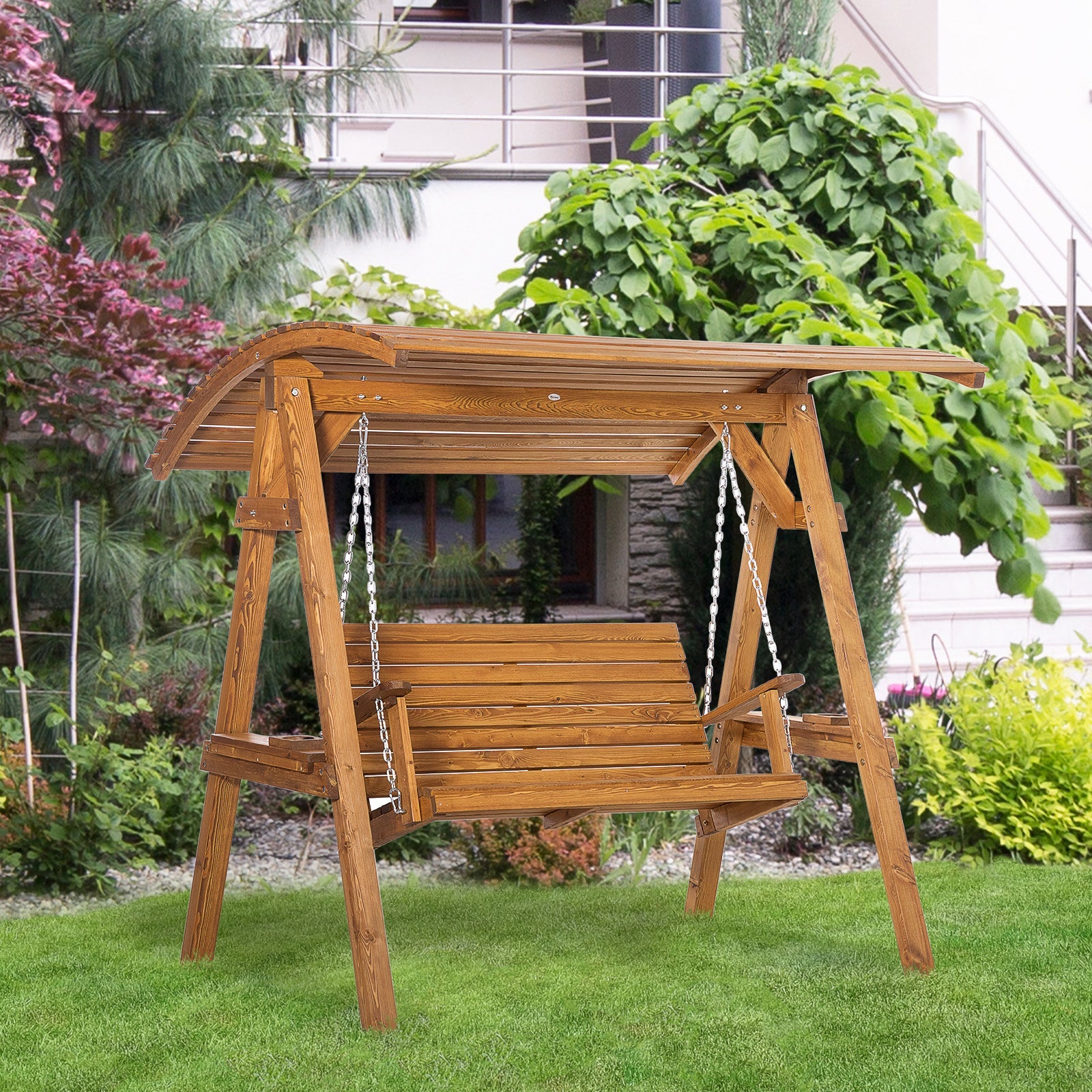 2 Seater Swing Chair, Garden Swing Bench with Adjustable Canopy, and Pine Wood Frame for Patio, Yard