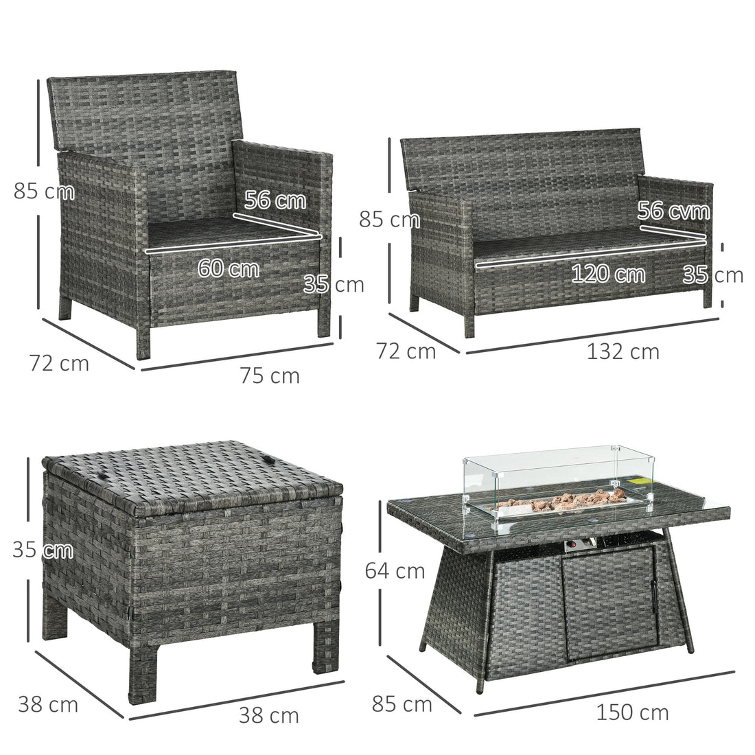 6 Seater Rattan Garden Furniture Set, Gas Fire Pit Table, Wicker Loveseat, 2 Armchairs and 2 Footstools, 6 Piece Patio Rattan furniture Sofa Sets with Cushions for Conservatory, Grey