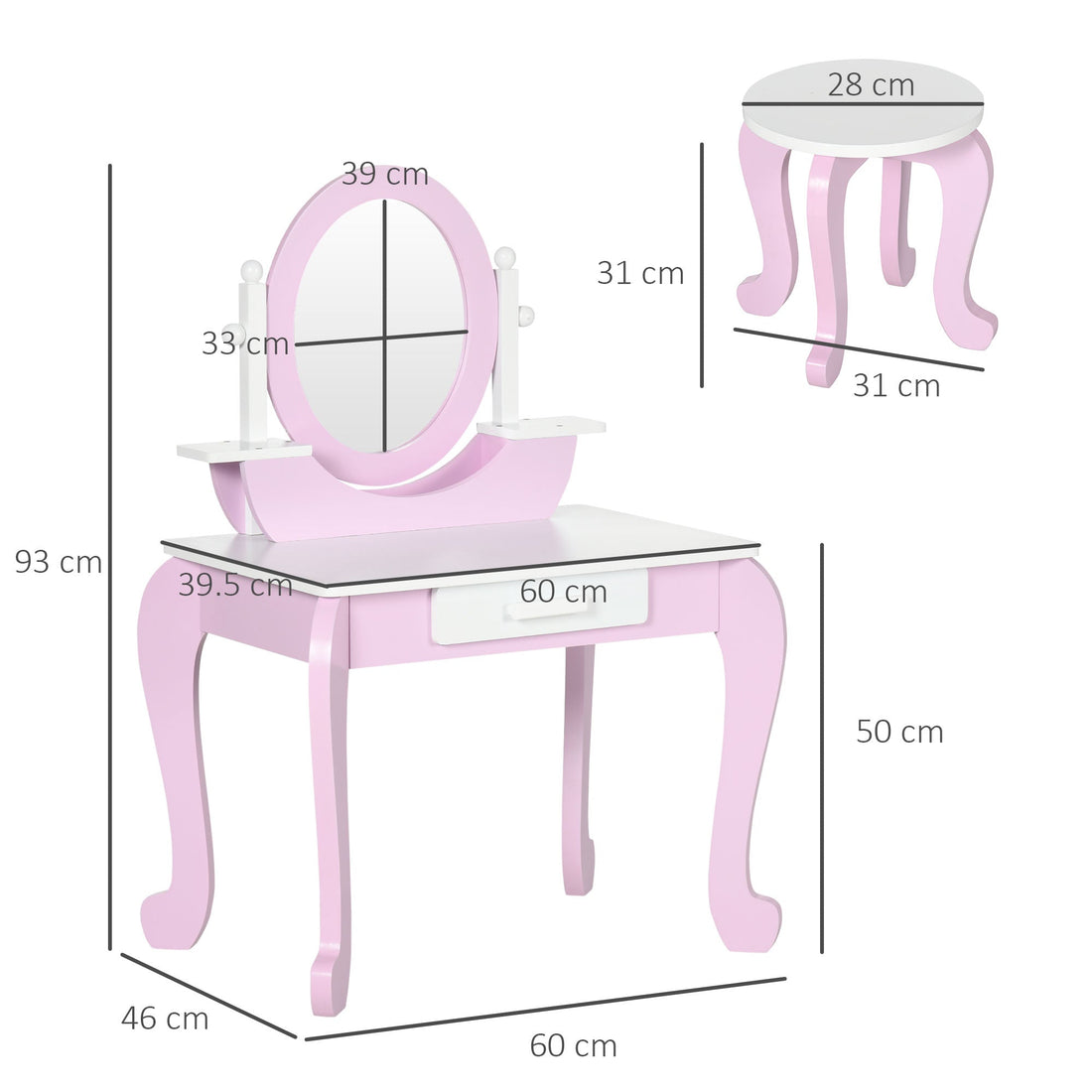 Kids Dressing Table Set, with Mirror, Stool, for Ages 3-6 Years - Pink