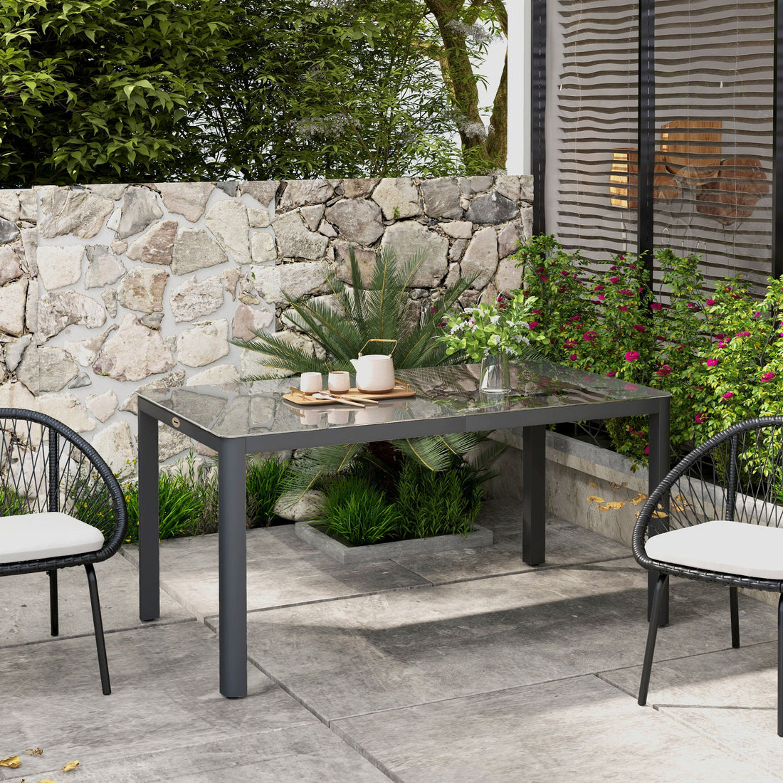 150cm x 88cm Aluminium Table, with Glass Tabletop - Grey
