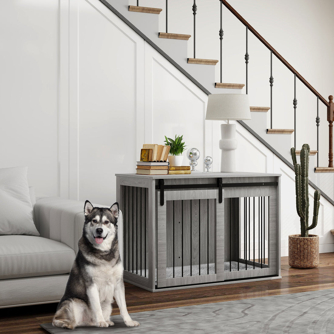 98cm Dog Crate Furniture with Removable Cushion for Large Dogs - Grey
