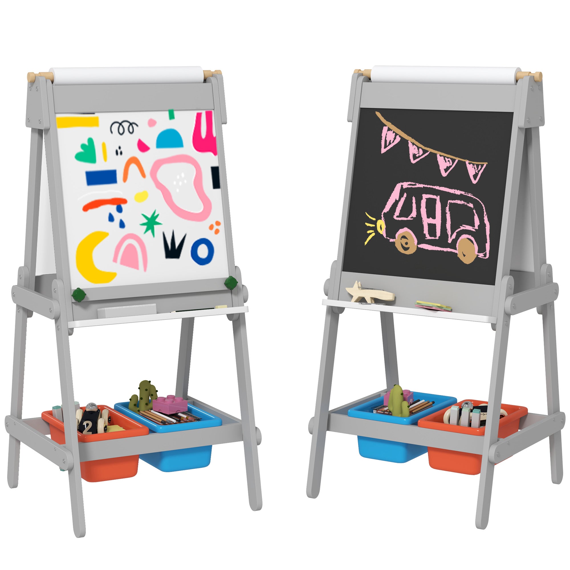 Art Easel for Kids with Paper Roll, Double Sided Painting Easel with Chalk Board, White Board
