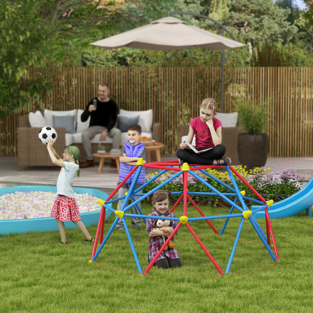 6 FT Toddler Outdoor Climbing Frame, with Rust and UV-Resistant Steel, for 1-4 Kids Ages 3-8 Years - Multicoloured