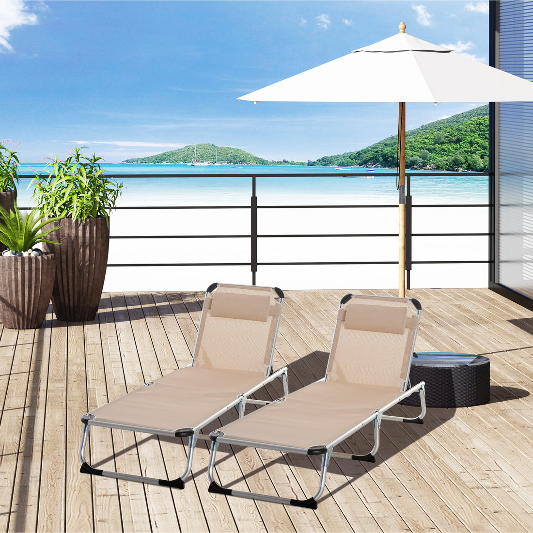 2 Pieces Foldable Outdoor Sun Lounger with Pillow, 5-Level Adjustable Reclining Lounge Chair, Aluminium Frame Camping Bed Cot, Khaki