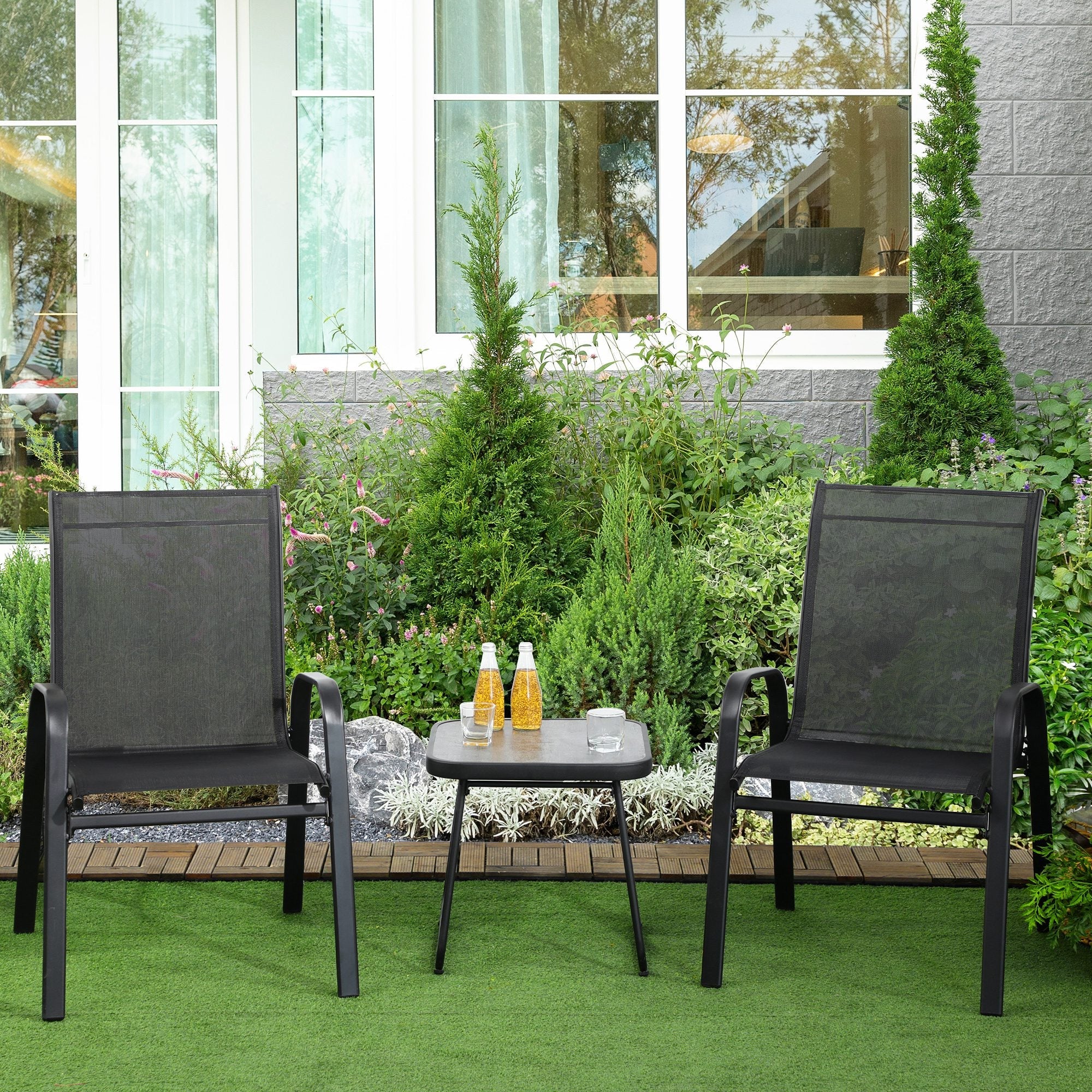 3 Pieces Outdoor Bistro Set, Patio Stackable Armchairs with Breathable Mesh Fabric and SPC Board Coffee Table, Black