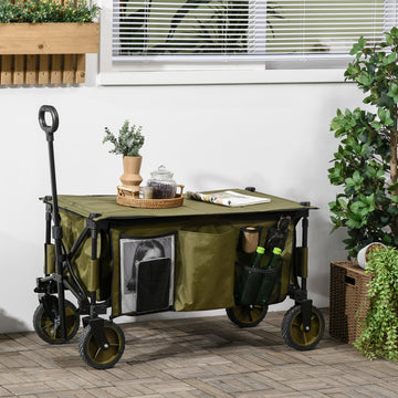 Folding Garden Trolley, Cargo Trailer on Wheels, Collapsible Camping Trolley with Folding Board, Outdoor Utility Wagon with Steel Frame and Oxford Fabric, Green