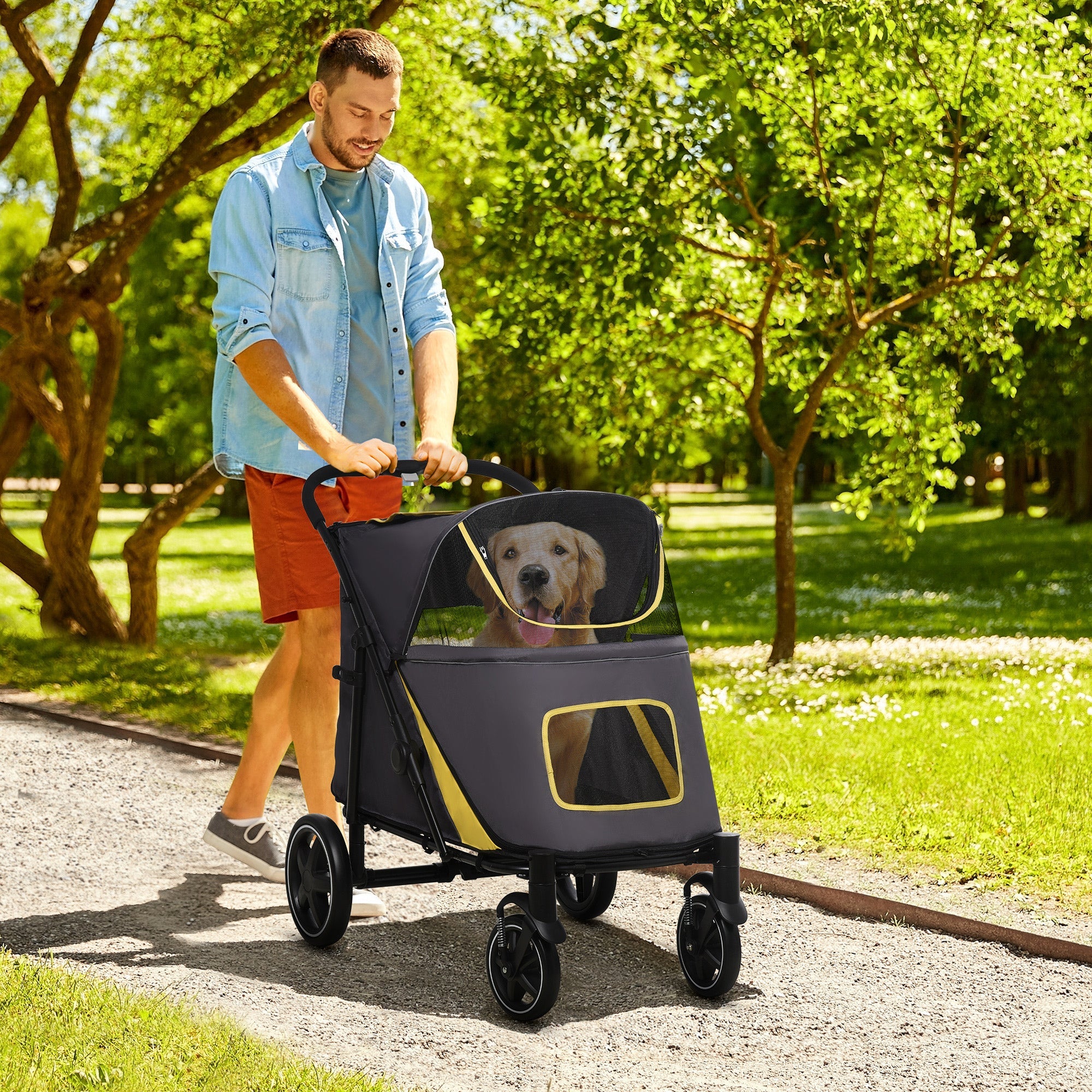 Foldable Pet Stroller, with Universal Wheels, Shock Absorber, for Medium and Large Dogs - Grey