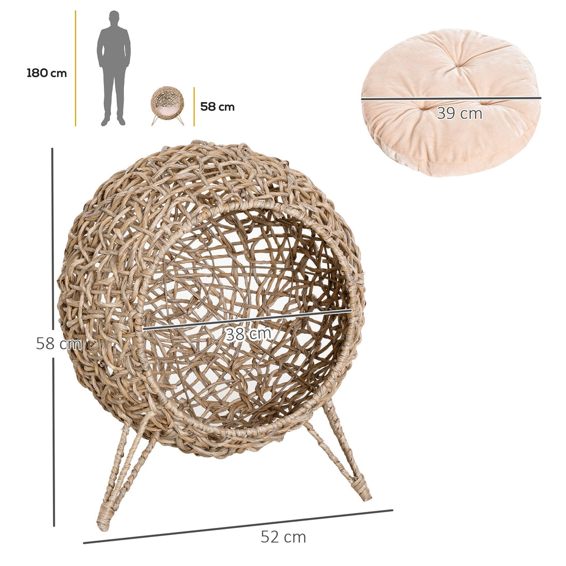 Wicker Cat Bed, Ball-Shaped Rattan Elevated Cat Basket with Three Tripod Legs, Cushion - Natural Wood Finish