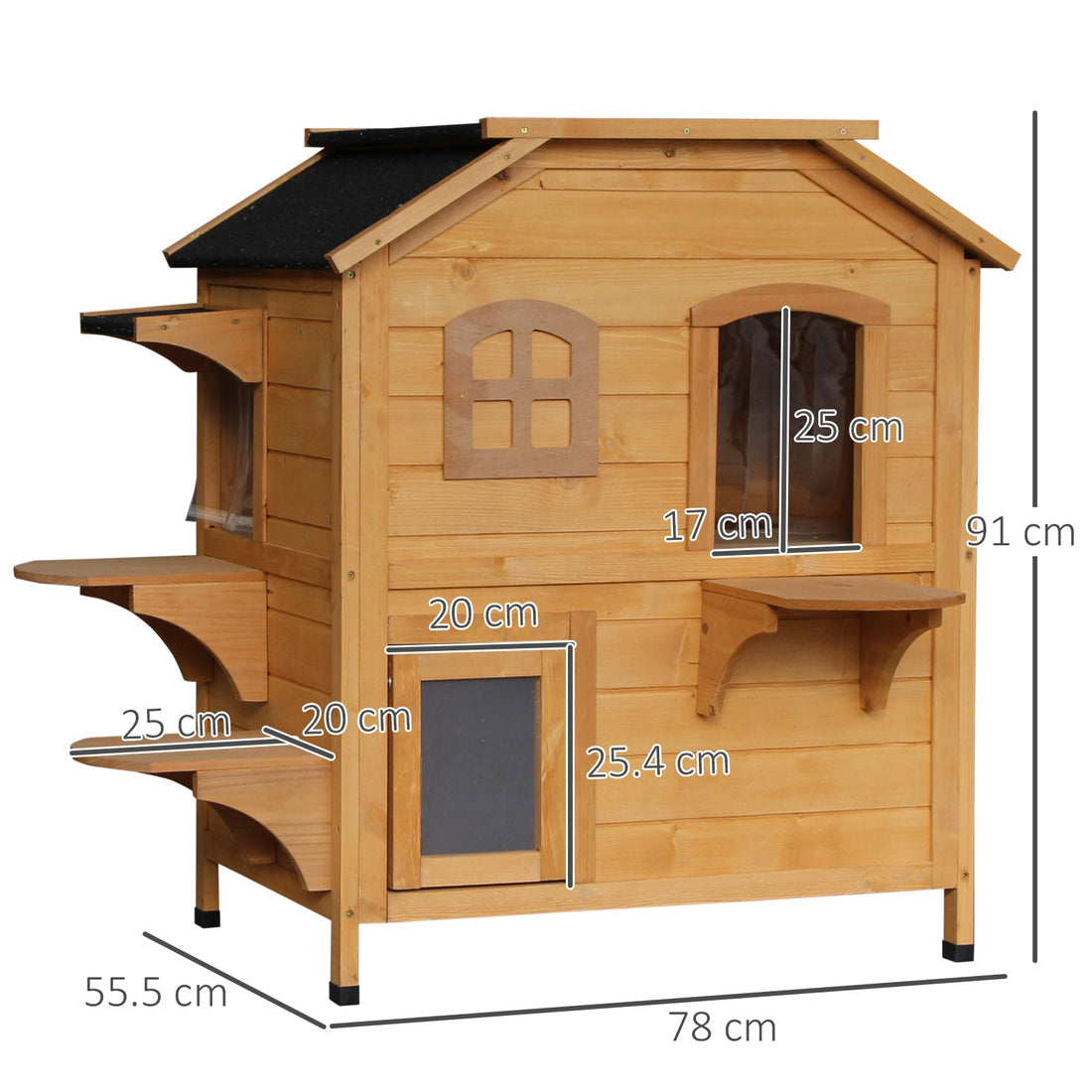  2-story Cat House Outdoor, Weatherproof Wooden Cat Enclosure for Feral Cats with Escape Door, Openable Roof, Jumping Platforms, Natural Wood Finish