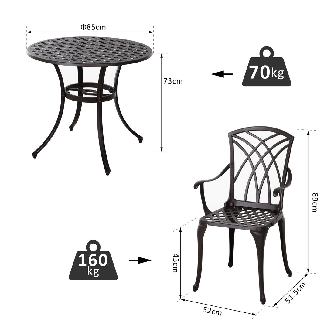 5 Pieces Garden Dining Set for 4, Cast Aluminium Outdoor Dining Set with 4 Armchairs and Round Dining Table with Parasol Hole, Garden Furniture Set, Brown