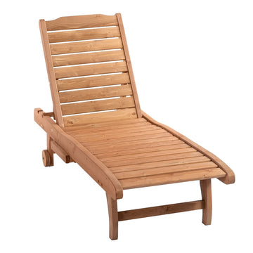 Outdoor Wooden Lounger Chair, Sun Bed with Built-In Table, Adjustable Backrest and Wheels, Red Brown