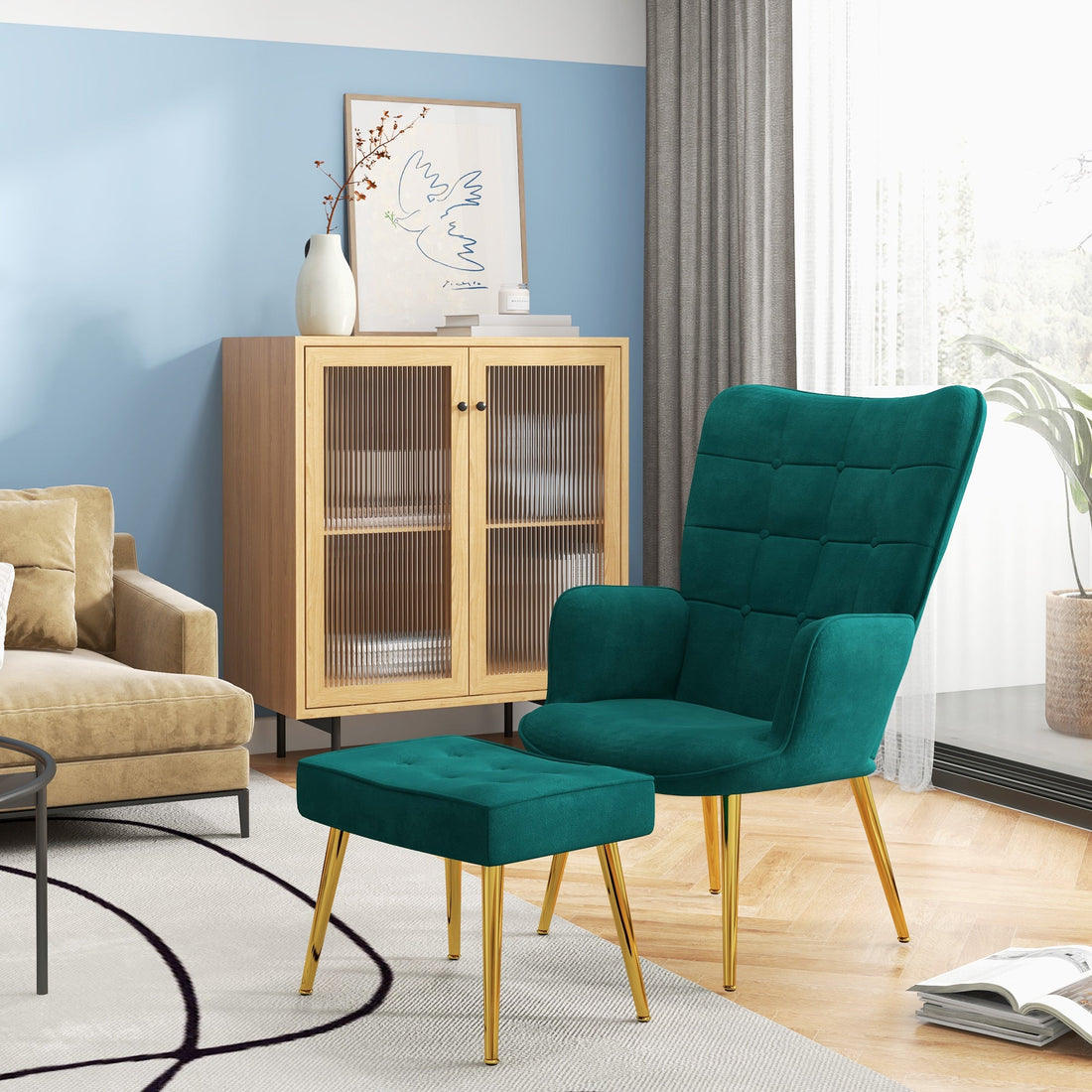 Modern Armchair with Footstool, Upholstered Accent Chair with Ottoman, Steel Legs, Velvet Wingback Chair for Living Room, Bedroom, Home Study, Dark Green
