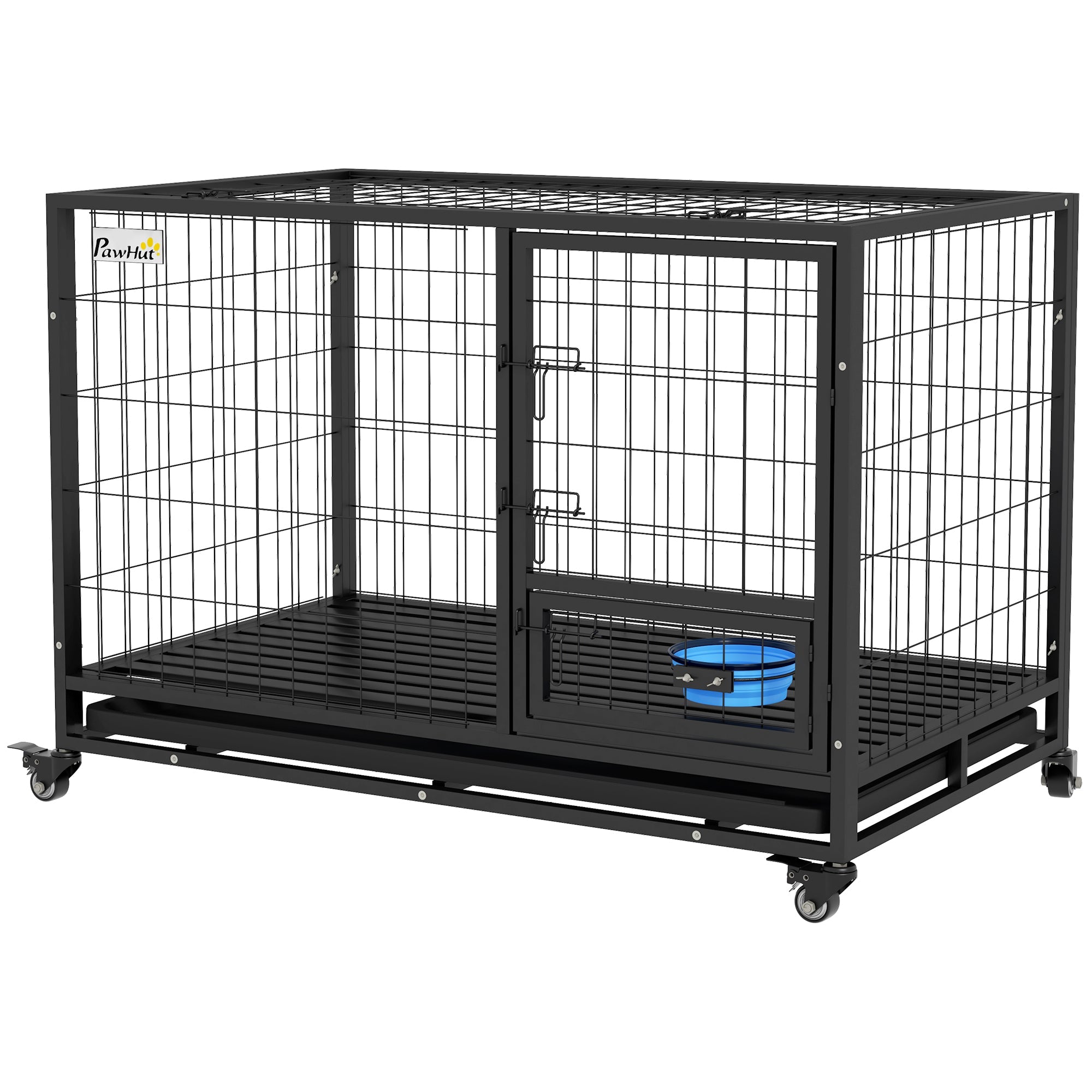 Heavy Duty Dog Crate on Wheels w/ Bowl Holder, Removable Tray, Openable Top, Detachable Door, for L, XL Dogs