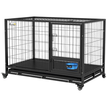 Heavy Duty Dog Crate on Wheels w/ Bowl Holder, Removable Tray, Openable Top, Detachable Door, for L, XL Dogs