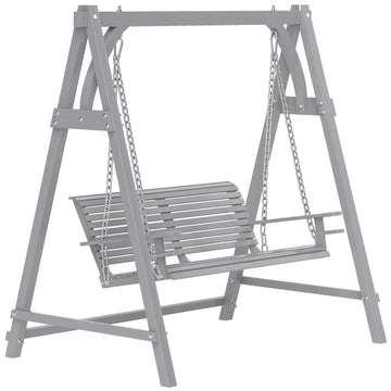 2 Seater Garden Swing Seat, Wooden Swing Chair Bench with Cup Holders for Outdoor Porch Patio, Grey