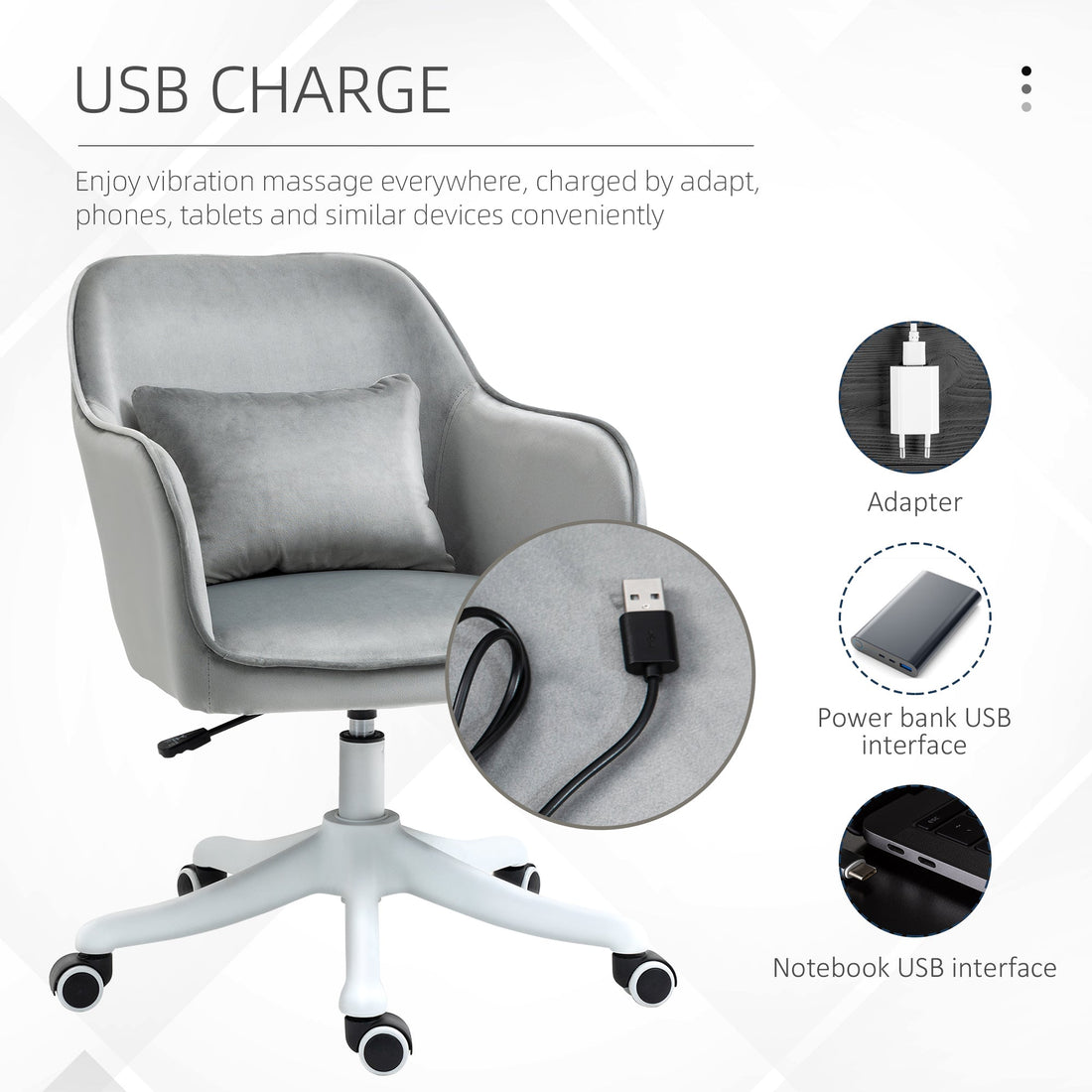 Velvet Office Chair, Desk Chair, Makeup Vanity Chair with Massage Lumbar Pillow and Rolling Wheels for Bedroom and Home, Grey