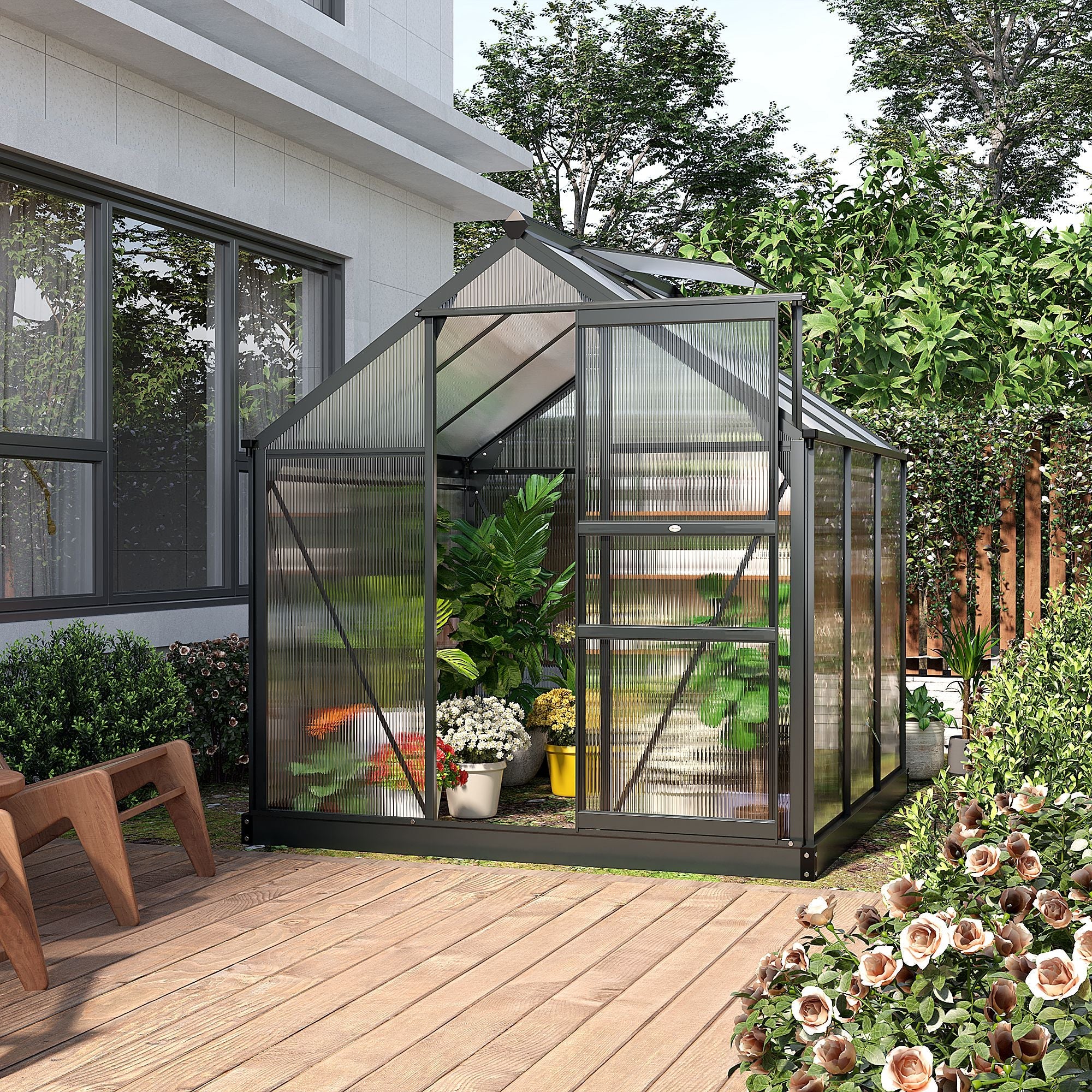 6 x 6ft Polycarbonate Greenhouse, Large Walk-In Green House with Slide Door and Window, Garden Plants Grow House with Aluminium Frame and Foundation, Grey