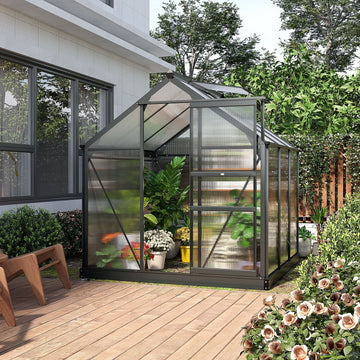 6 x 6ft Polycarbonate Greenhouse, Large Walk-In Green House with Slide Door and Window, Garden Plants Grow House with Aluminium Frame and Foundation, Grey