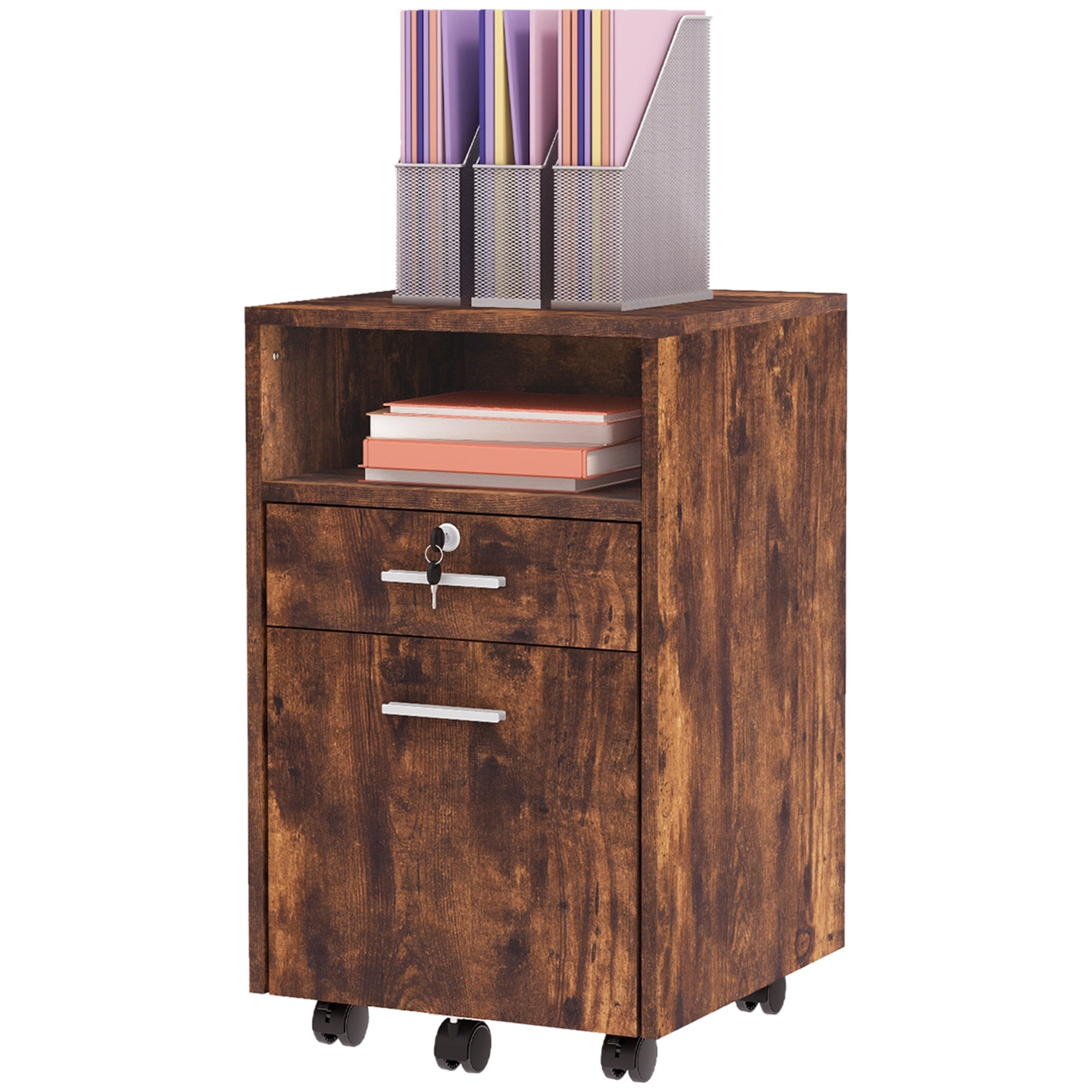 Lockable Two-Drawer Filing Cabinet, with Wheels - Wood-Effect