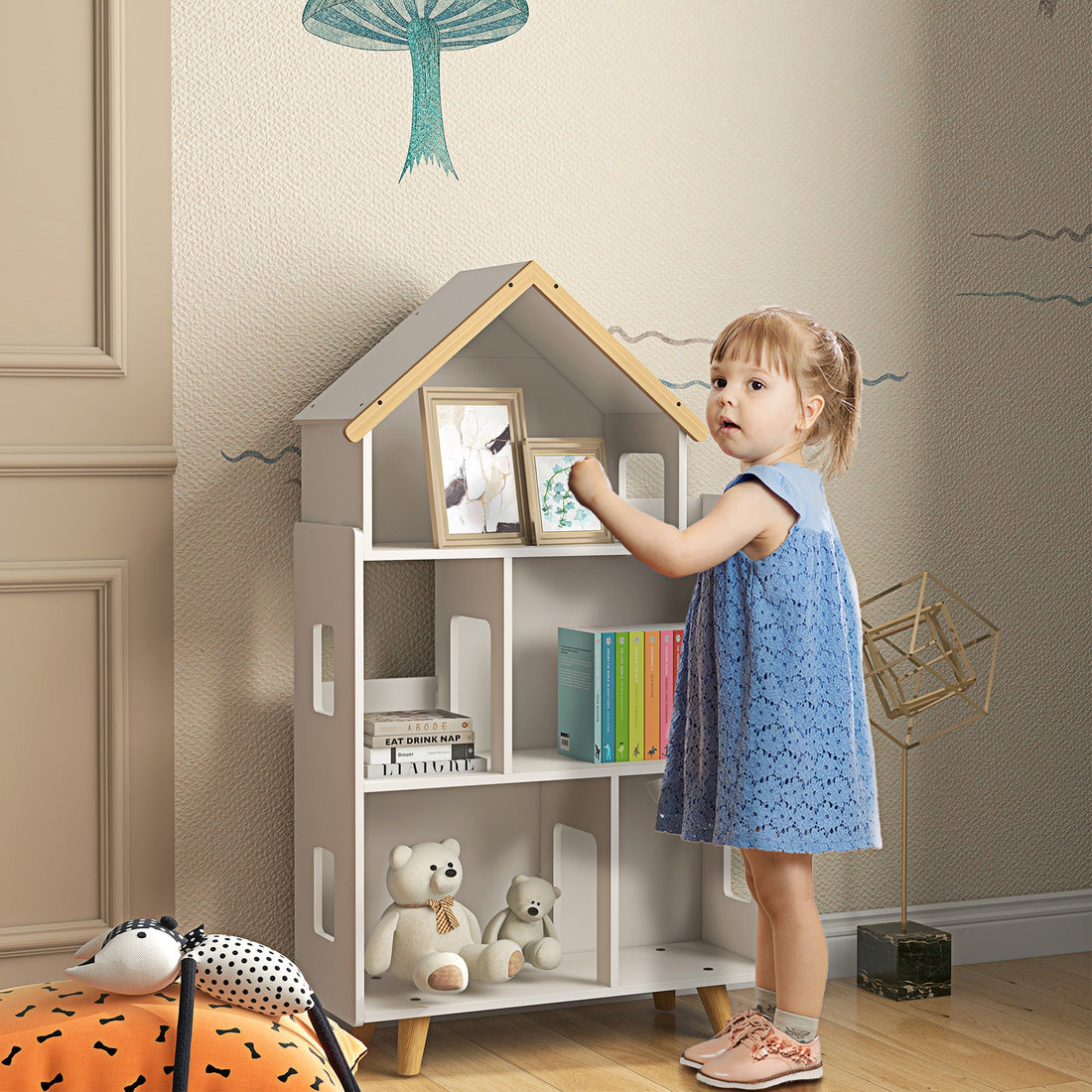Three-Tier Toy Storage Shelf, Kids Bookcase, with Six Cubes, for Playroom, Bedroom - White