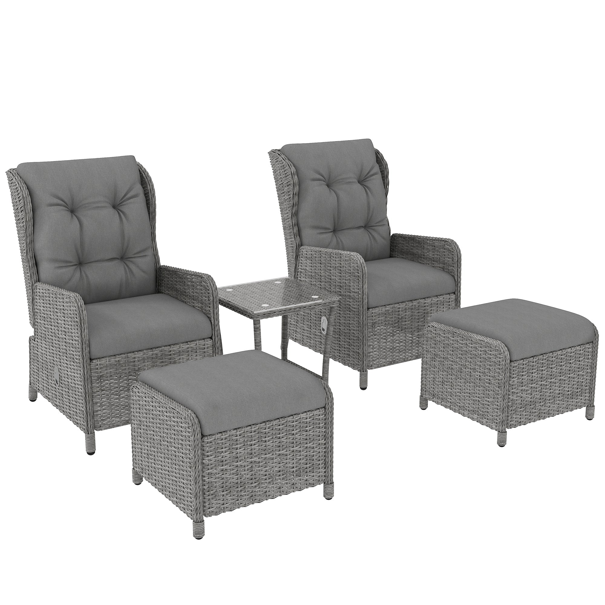 5 Pieces Rattan Bistro Set with Adjustable Back, Reclining Wicker Balcony Furniture with Cushions, Glass Top Coffee Table and Footstools, Outdoor Table and Chairs, Light Grey