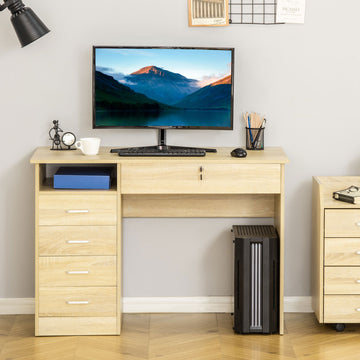 Computer Desk, Home Office Desk with Lockable Drawer, Storage Shelf for Study Bedroom, 110 x 50 x 76 cm, Oak
