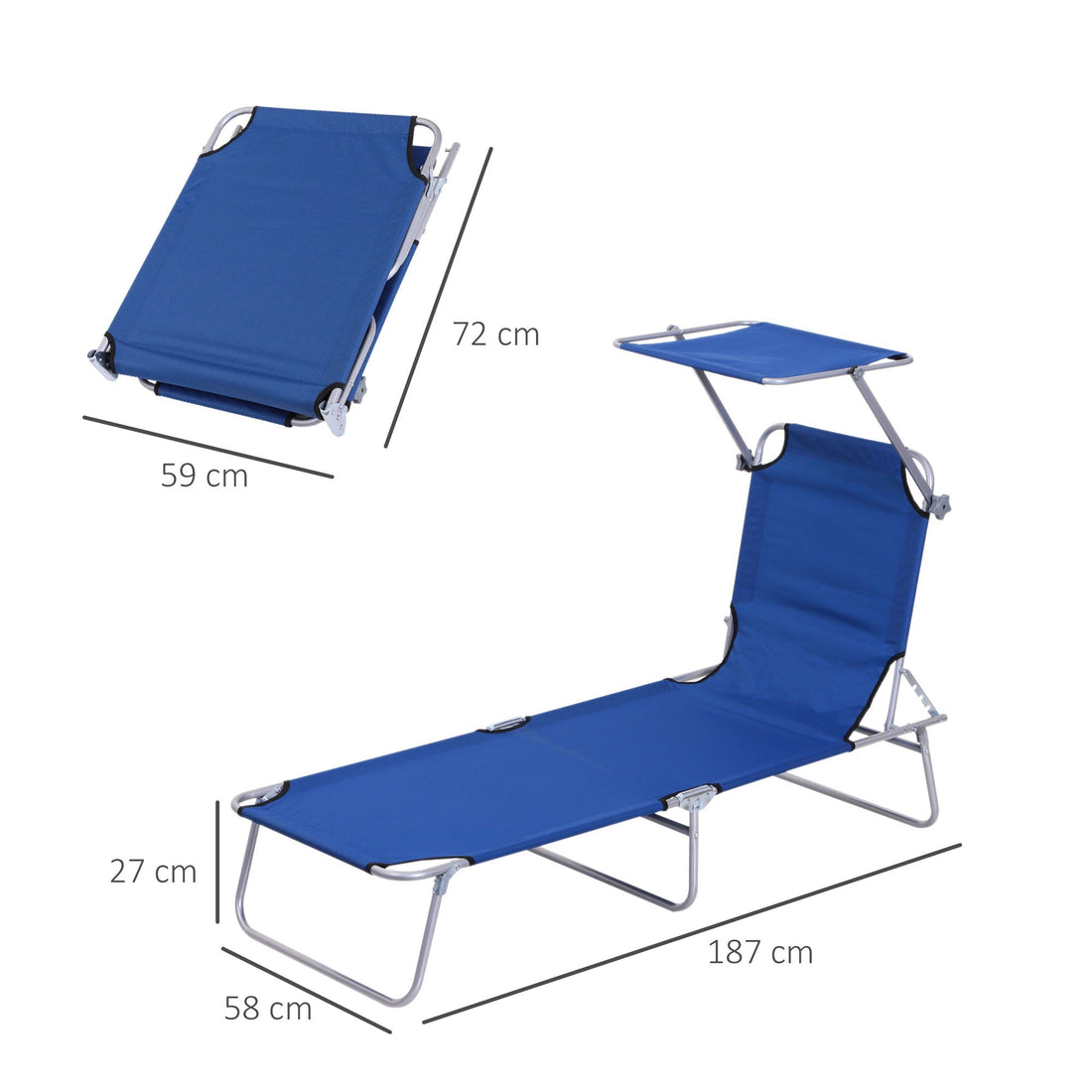 Single Sun Lounger, with Awning and Reclining Back - Blue
