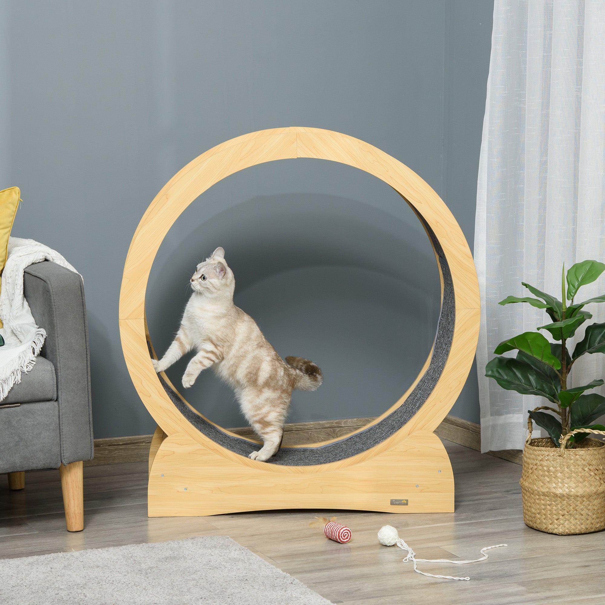 30" Wooden Cat Running Wheel with Brake, Natural Wood Finish