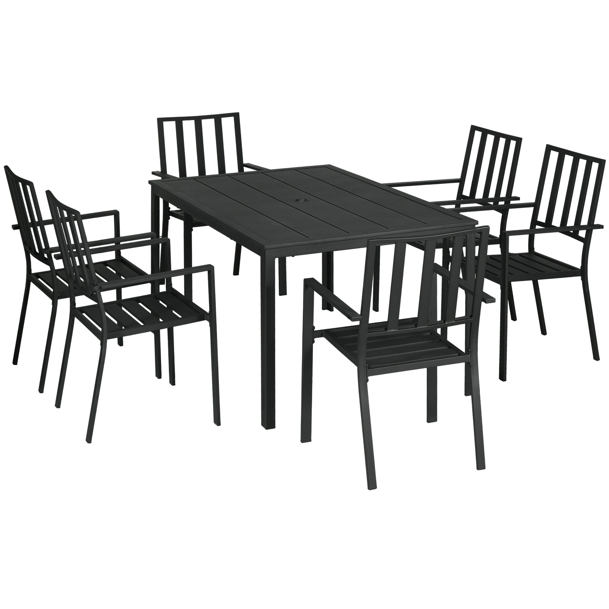 Seven-Piece Minimal Metal Garden Dining Set, with Parasol Hole - Black