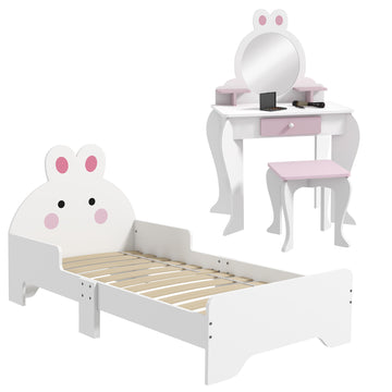 Wooden Kids Bedroom Furniture Set with Kids Dressing Table, Stool, Bed, for 3-6 Years, Bunny-Design