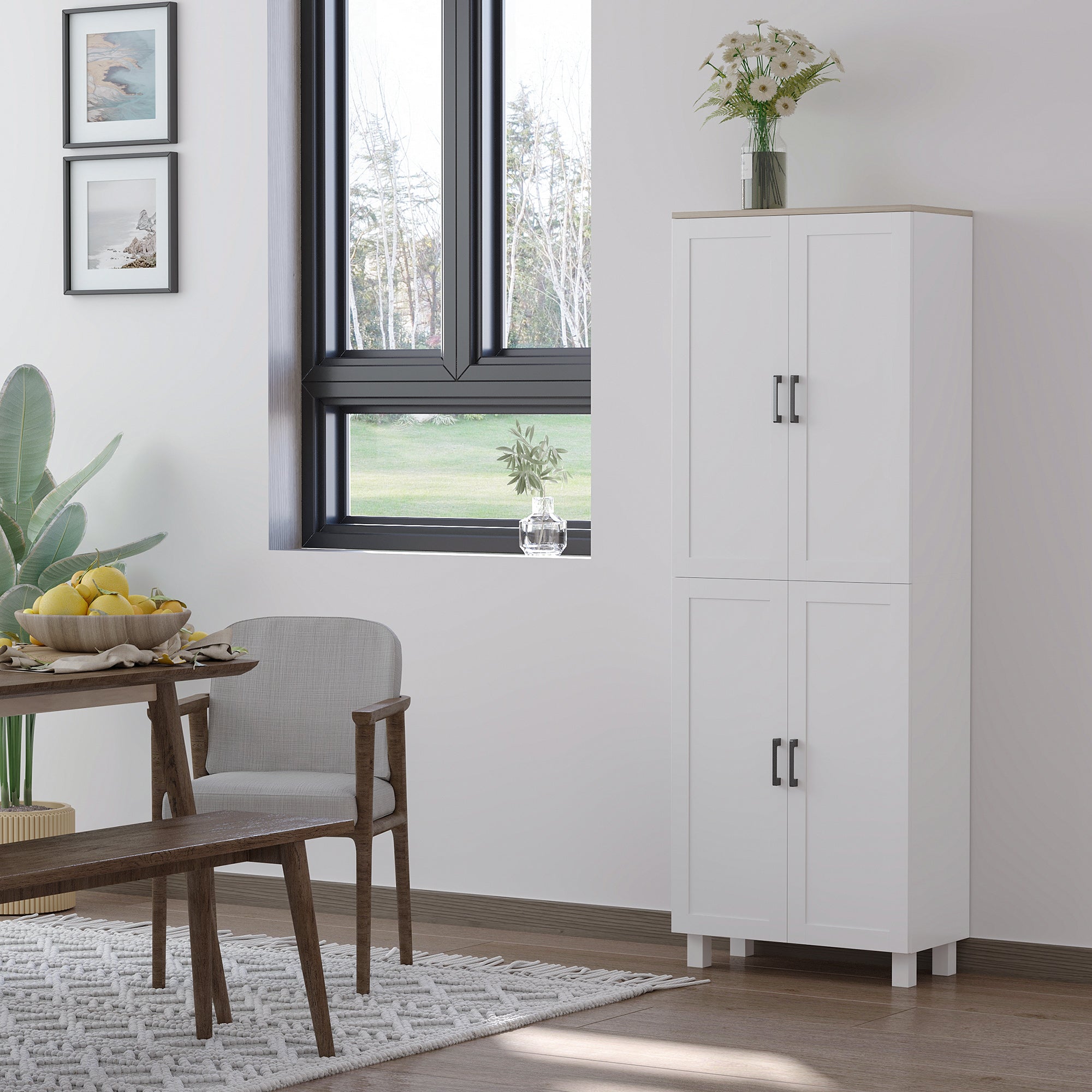Freestanding Kitchen Cupboard, 4-Door Storage Cabinet Organizer with Adjustable Shelves White