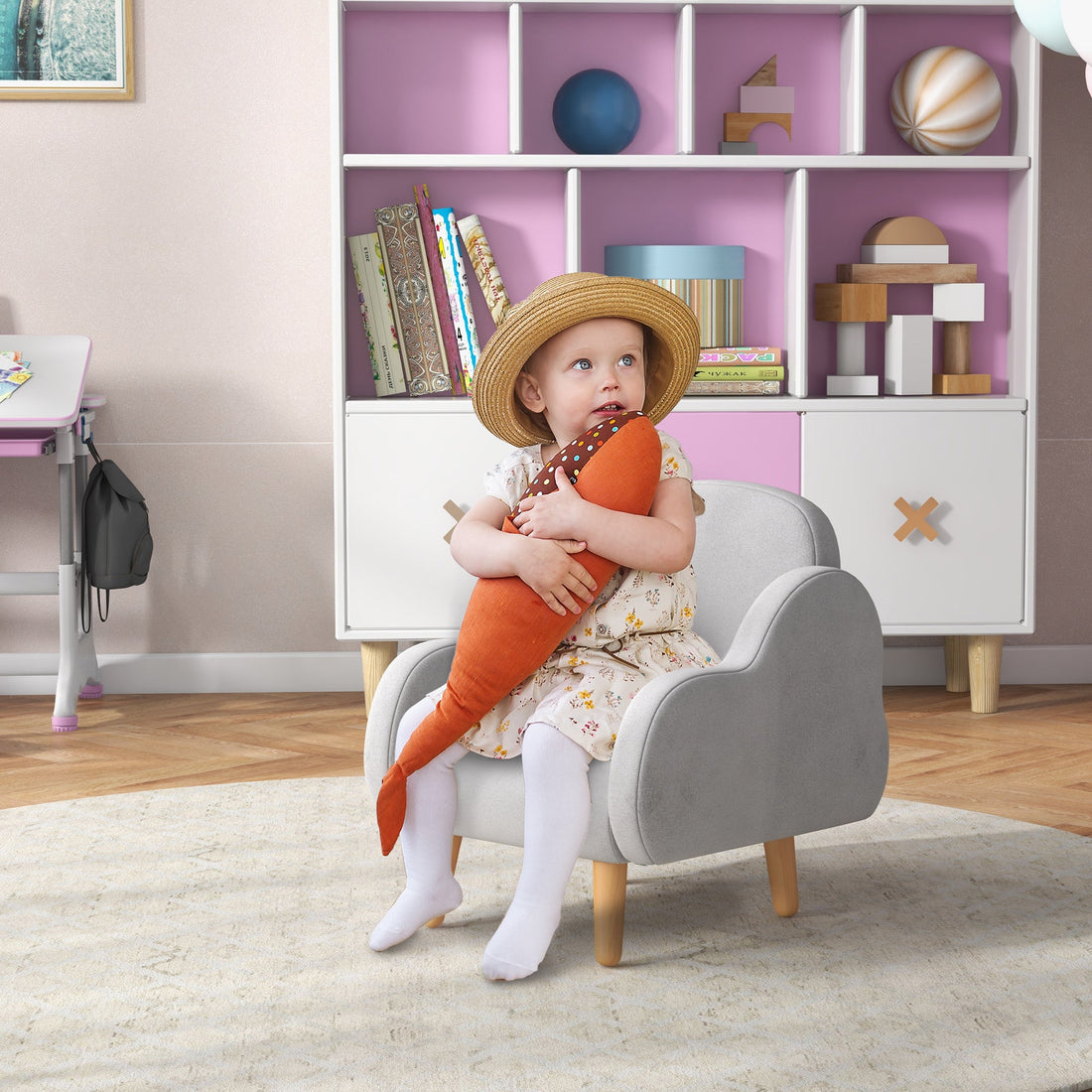 Kids Armchair Toddler Sofa Children Chair with Arm Rest, Wooden Frame, Velvet, PP Legs, Cloud Shape, for Ages 1.5-3 Years - Grey