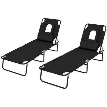 Outdoor Folding Sun Lounger Set of 2 with Face Hole, 4 Level Adjustable Backrest Reclining Garden Lounger, Garden Recliner Sunbed with 600 D Oxford Cloth Seat and Pillow for Beach, Black