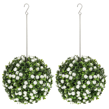 Set of 2 Decorative Artificial Plants, UV-protected Artificial Plant Topiary Rose Balls, Fake Plants for Home Indoor outdoor Decor, 28cm, White