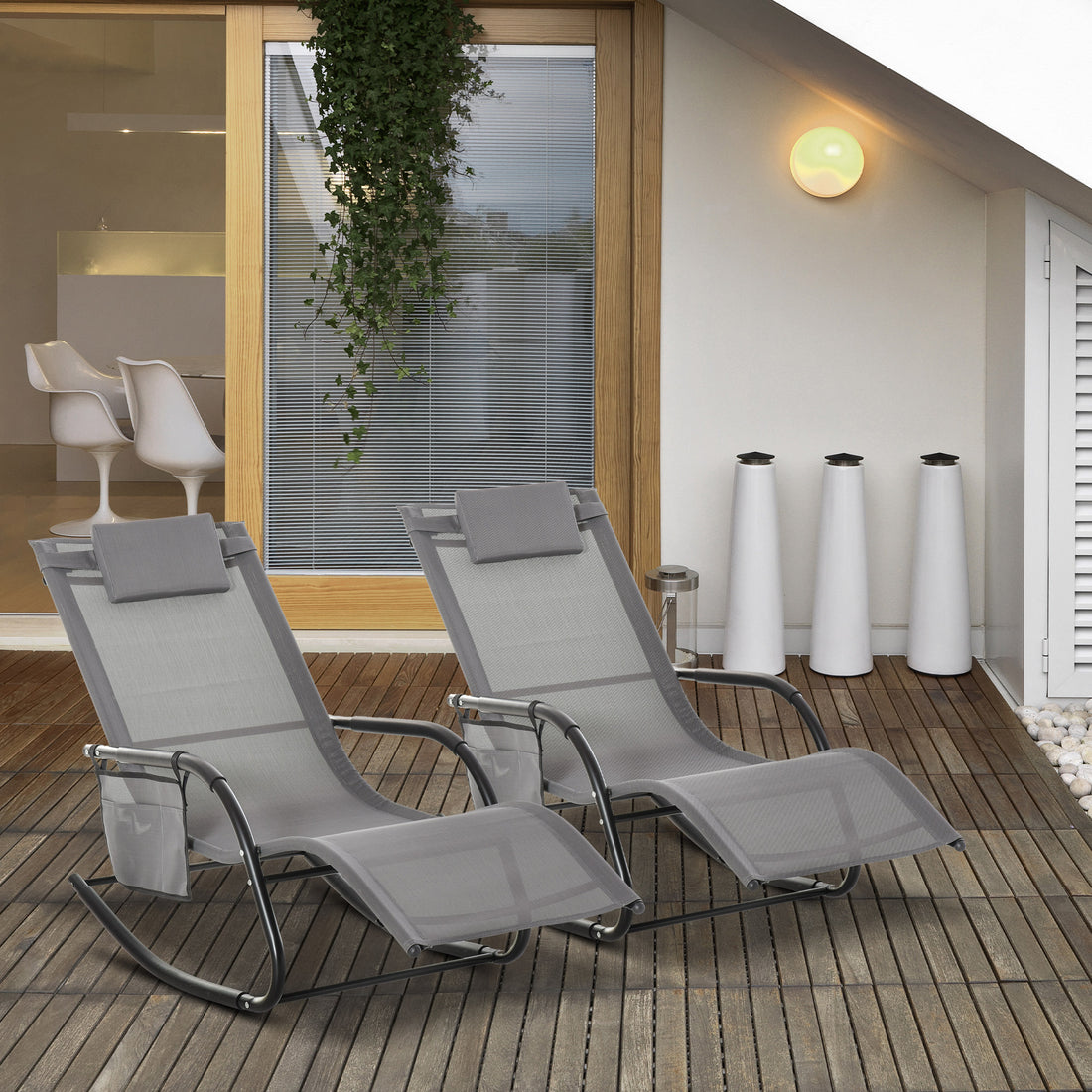 2PCs Outdoor Garden Rocking Chair, Patio Sun Lounger Rocker Chair with Breathable Mesh Fabric, Removable Headrest Pillow, Armrest, Side Storage Bag, Grey
